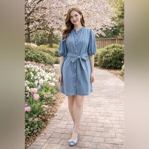 GAP Mini Dress Puff Sleeve Mock Neck  Lt Wash Indigo Relaxed Fit Tie Belt Size S